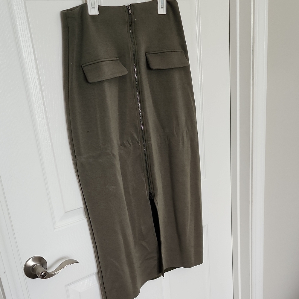Olive Green Midi Skirt with Front Zipper